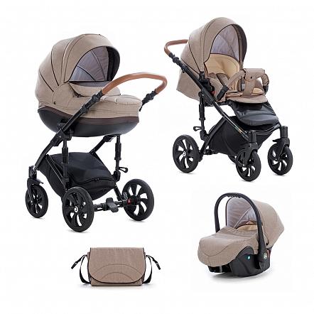 Коляска детская Tutis "MIMI STYLE" 3 в 1 Бежевый Лен + кожа Коричневая (люлька+прогулочный блок+автокресло)
