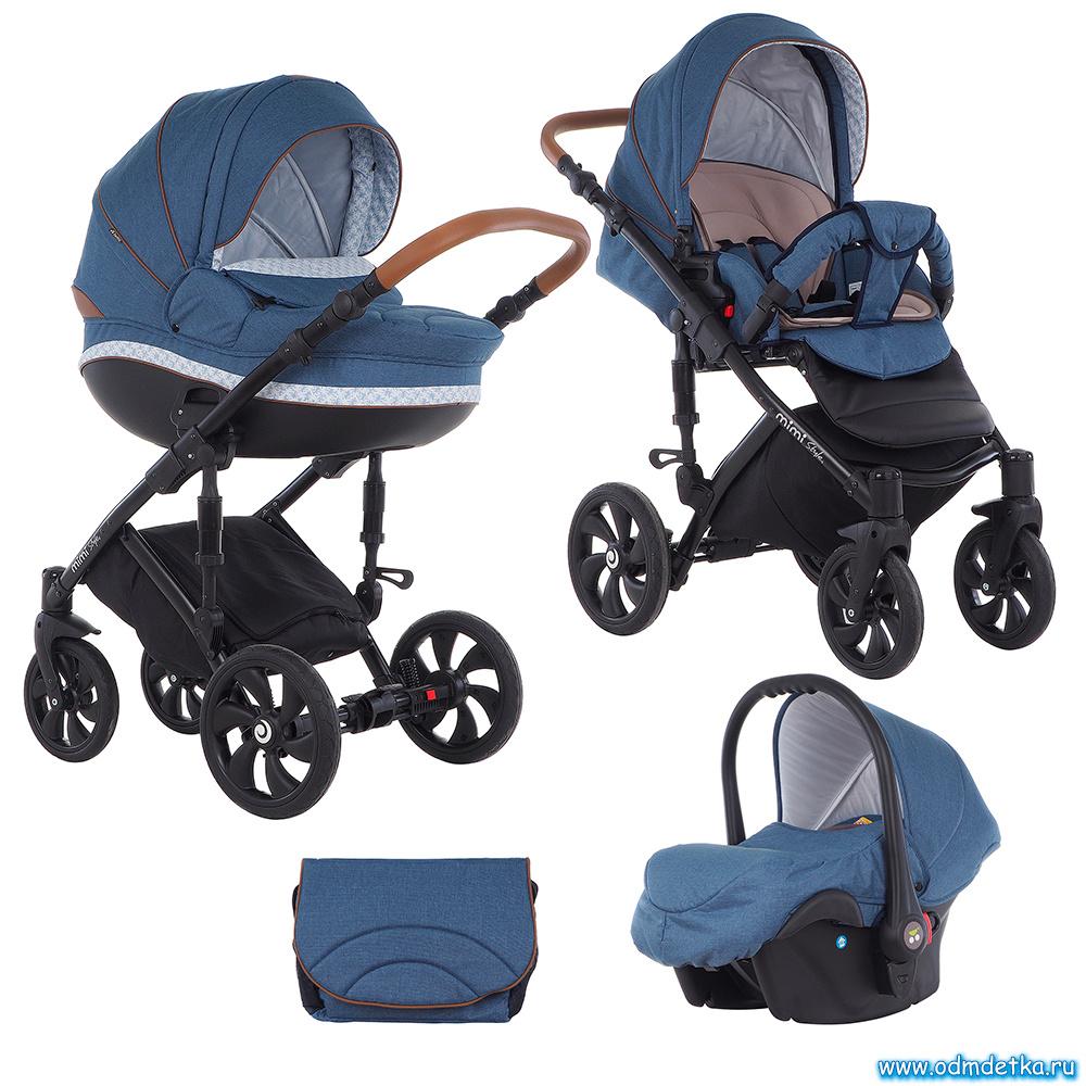 Коляска детская Tutis "MIMI STYLE" 3 в 1 Деним+бело-голубой узор+кожа коричневая (люлька+прогулочный блок+автокресло)