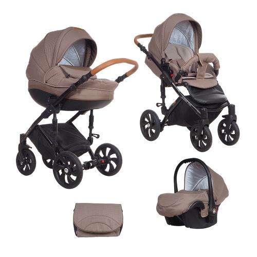 Коляска детская Tutis "MIMI STYLE" 3 в 1 Бежевый жаккард+кожа Беж (люлька+прогулочный блок+автокресло)