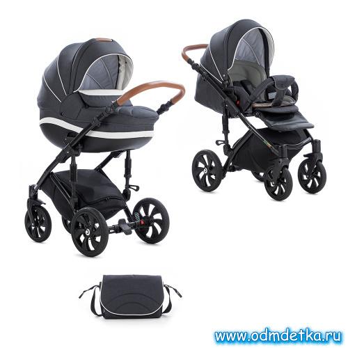 Коляска детская Tutis "MIMI STYLE" 2 в 1 Антрацит+кожа Белая (люлька+прогулочный блок)