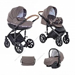 Коляска детская Tutis "MIMI STYLE" 3 в 1 Кофейный Лен+Узор+кожа Шоколад (люлька+прогулочный блок+автокресло)