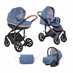 Коляска детская Tutis "MIMI STYLE" 3 в 1 Деним+цветочный принт+кожа коричневая (люлька+прогулочный блок+автокресло)